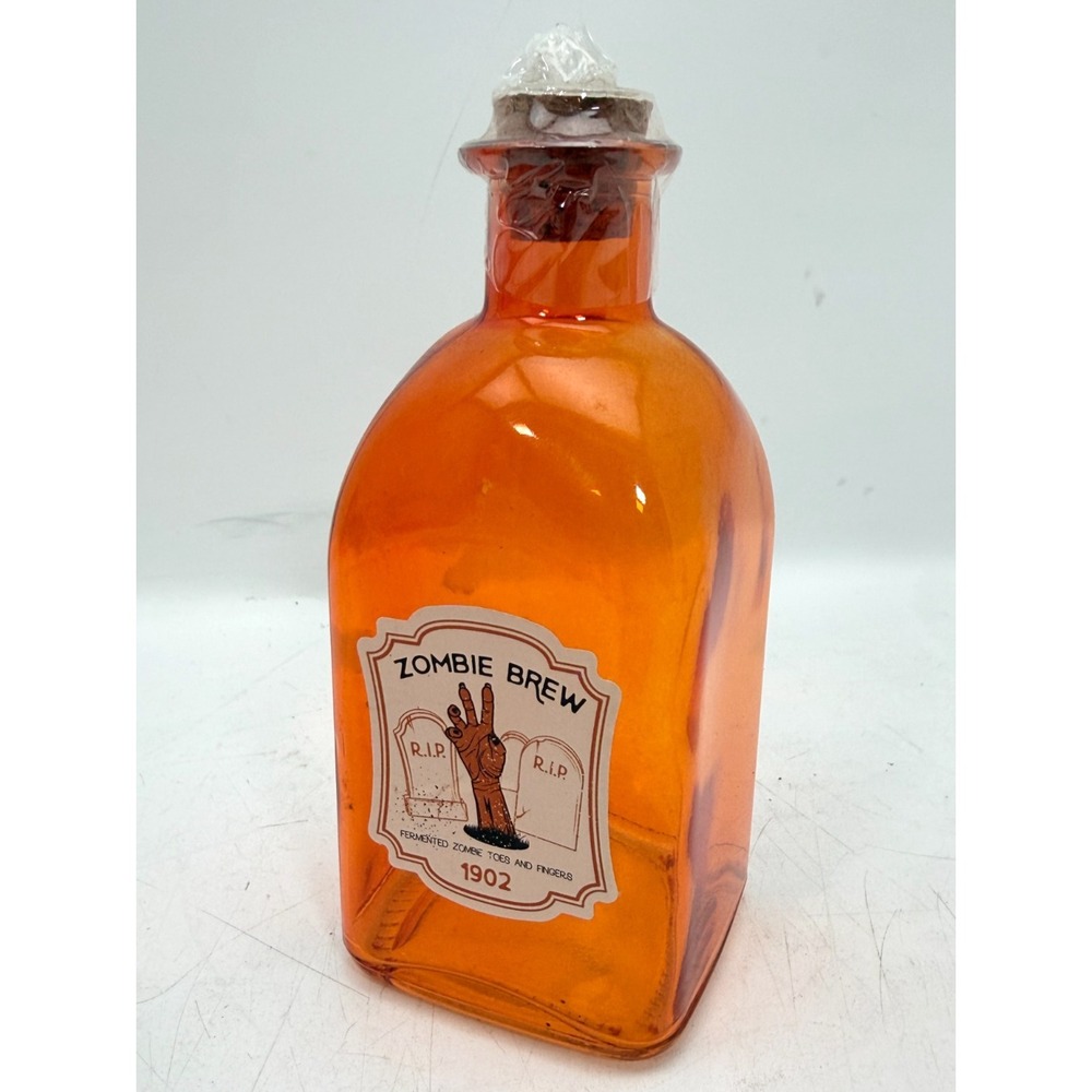 Halloween Zombie Brew Potion Bottle Orange Glass Sealed Cork Graveyard Decor 7"